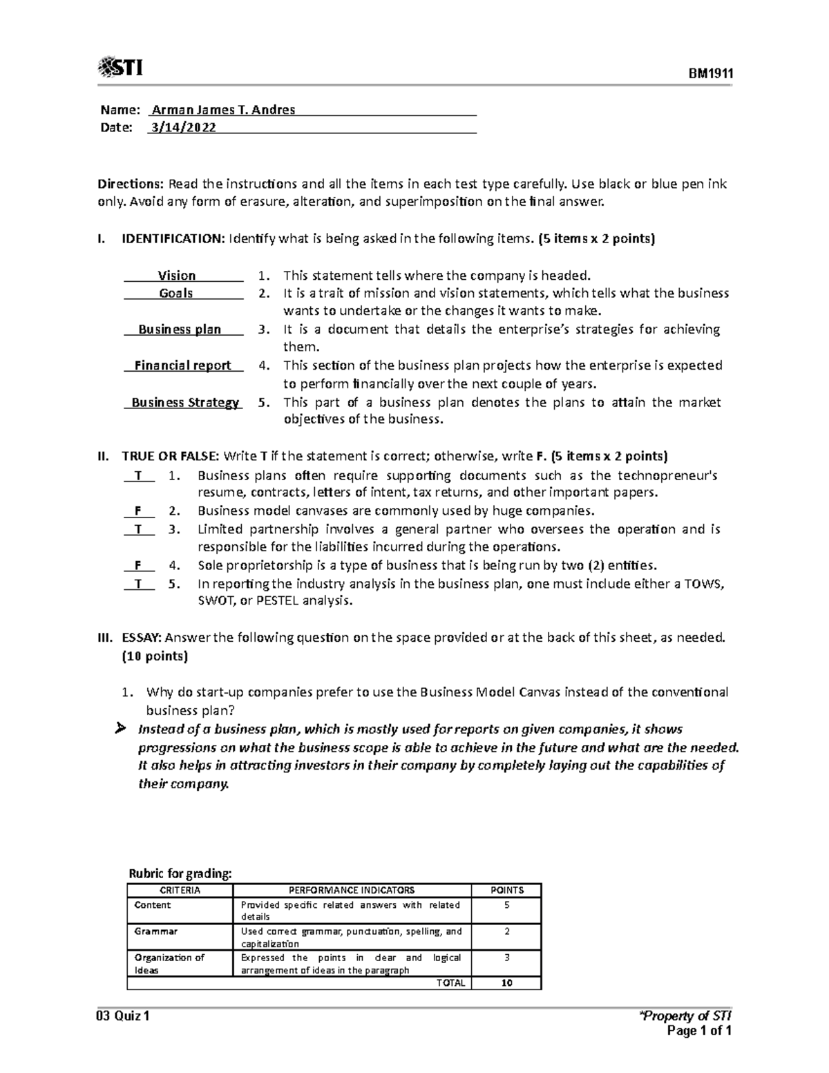 COE401 Tech - Technology - BM Name: Arman James T. Andres Date: 3/14 ...