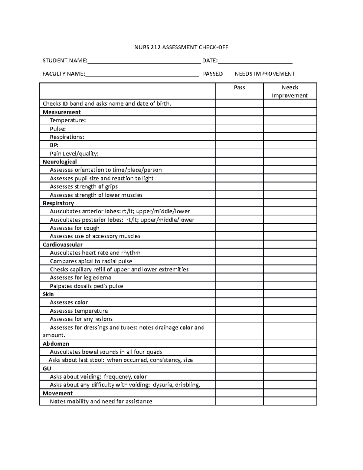 NURS 212 Assessment Check - NURS 212 ASSESSMENT CHECK-OFF STUDENT - Studocu