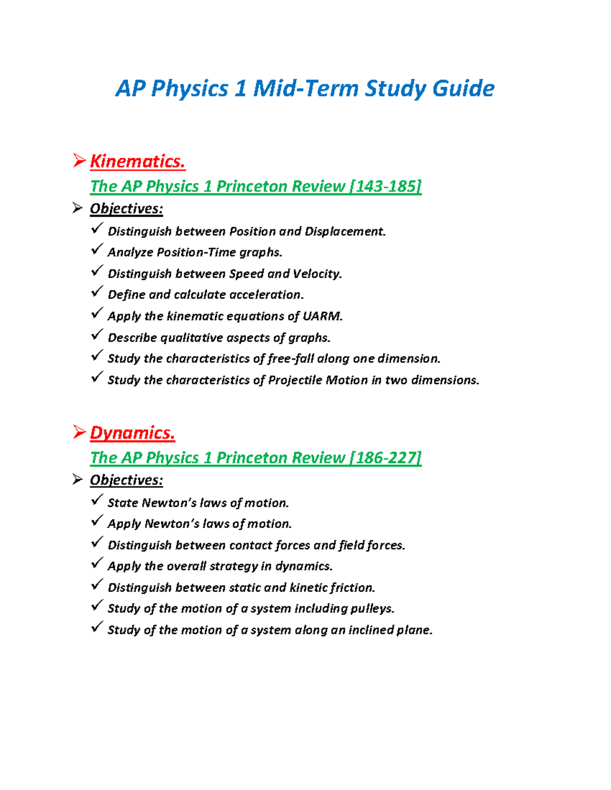 AP Physics 1 Mid-Term Study Guide - AP Physics 1 Mid-Term Study Guide ...