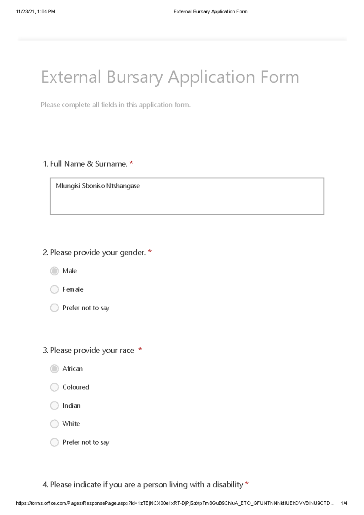 External Bursary Application Form - 1 Name & Surname. * Mlungisi ...