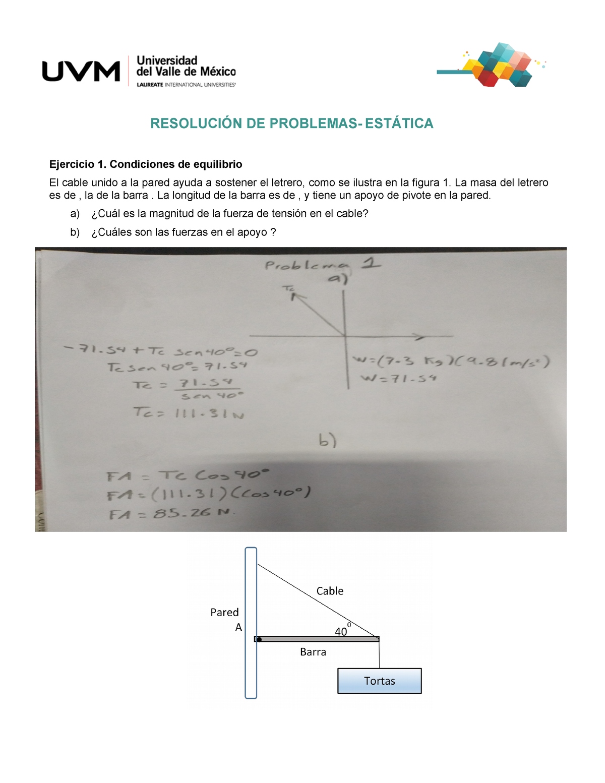 Actividad 5 Fisica - Ejercicios - RESOLUCIÓN DE PROBLEMAS- ESTÁTICA ...