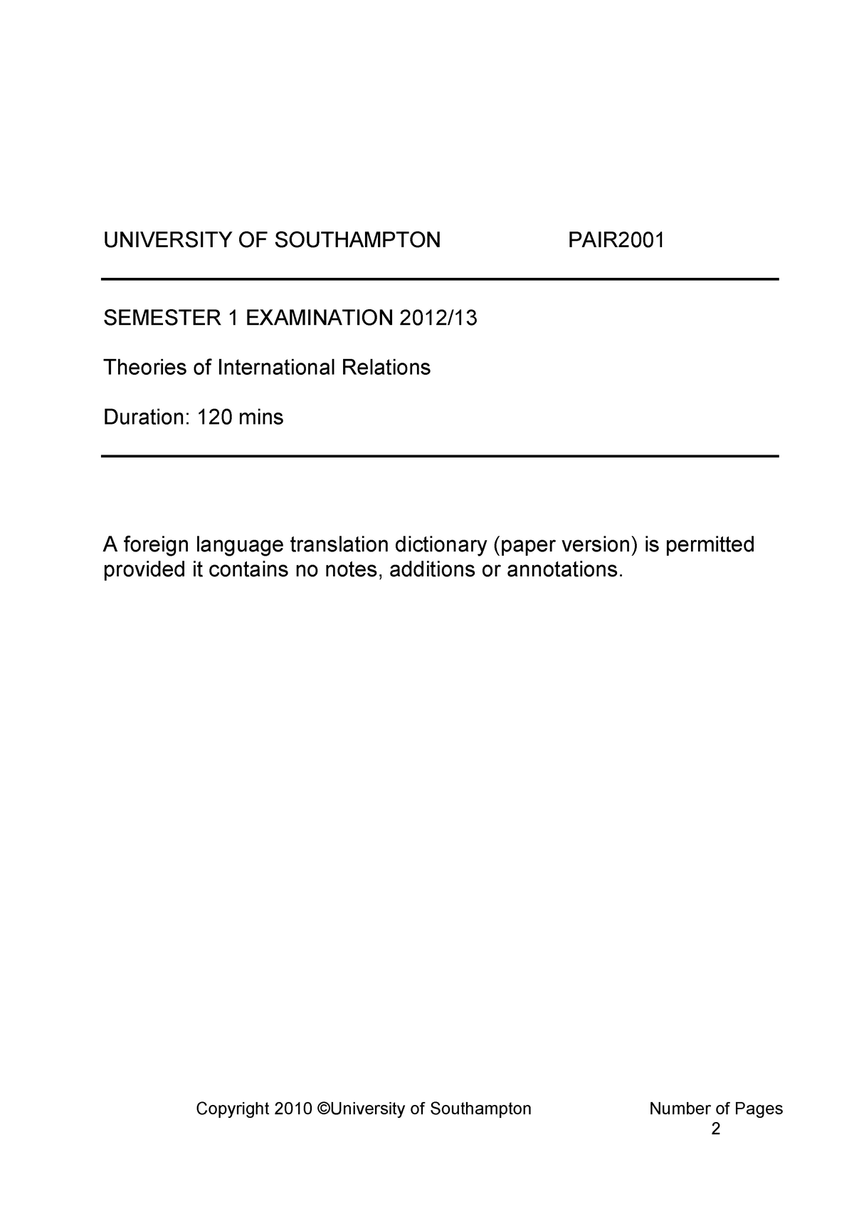 Exam 2012, questions UNIVERSITY OF SOUTHAMPTON PAIR2001 SEMESTER 1