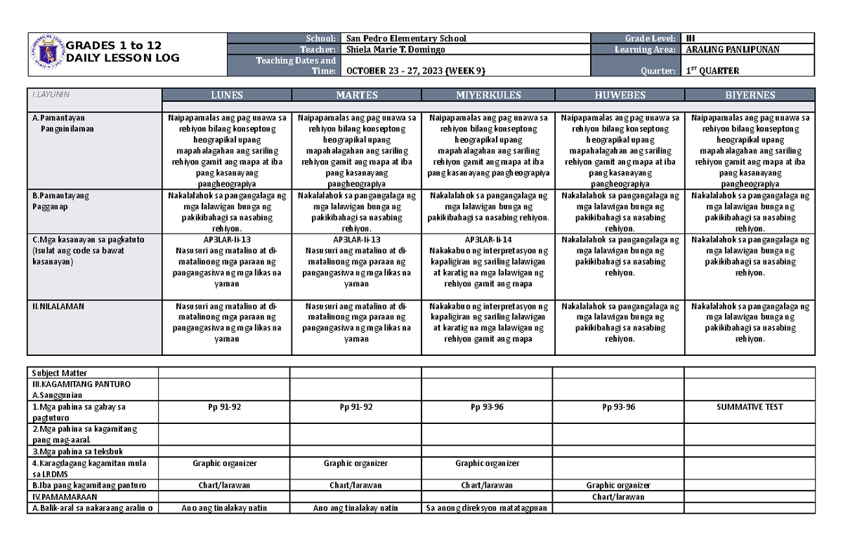 DLL Araling Panlipunan 3 Q1 W9 - GRADES 1 to 12 DAILY LESSON LOG School ...