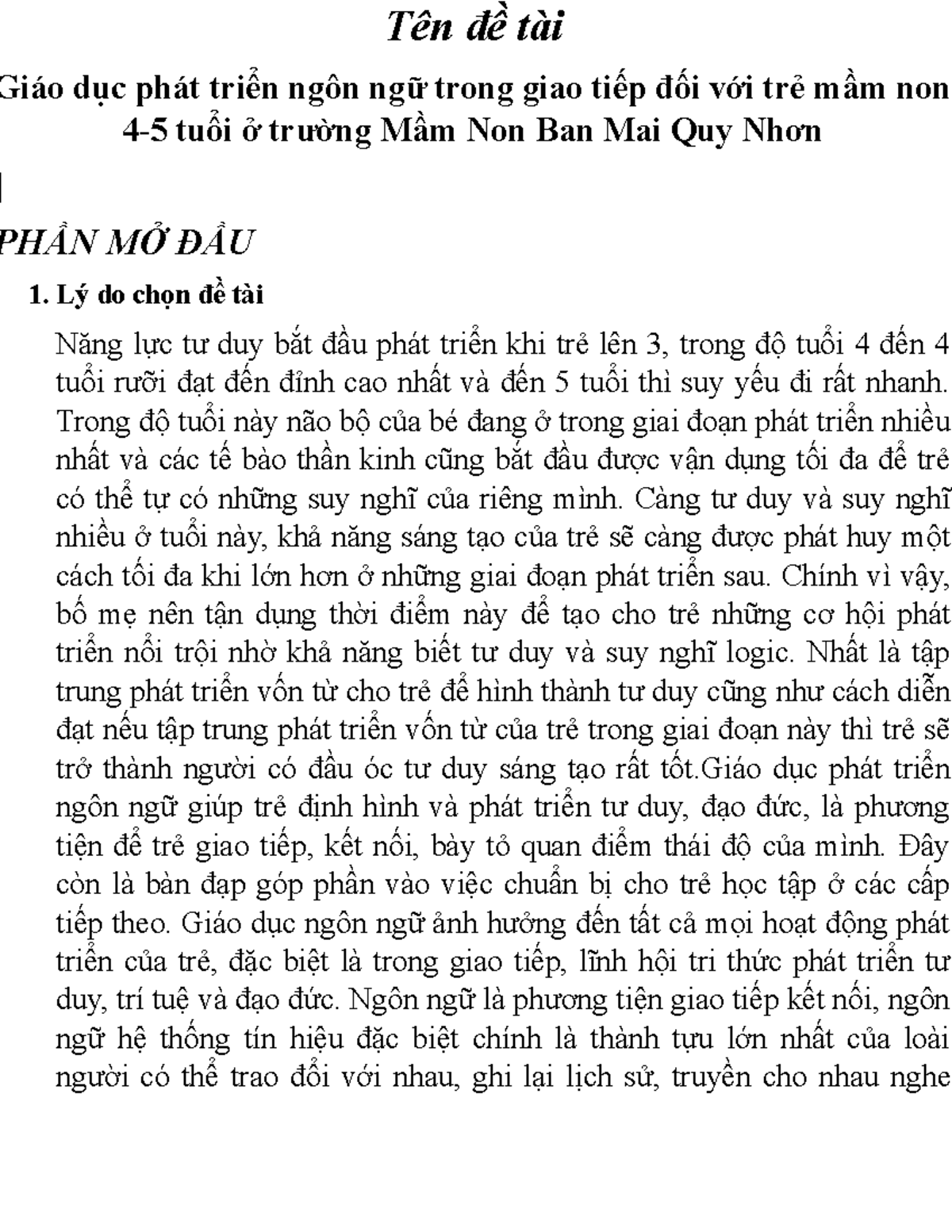 Nguyễn Thị Như Ý-4259030046 đề tài NCKH - Tên đề tài Giáo dục phát triển ngôn ngữ trong giao tiếp - Studocu