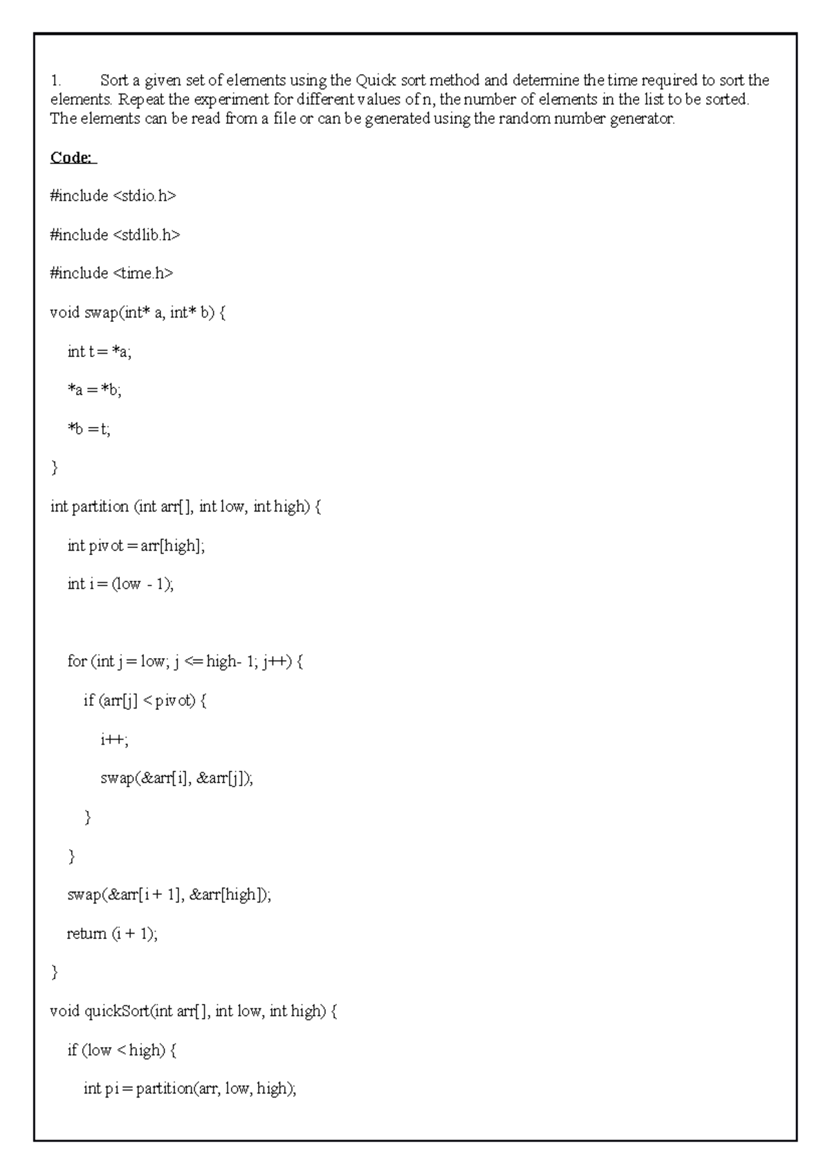 DAA Practical File - 1. Sort a given set of elements using the Quick ...
