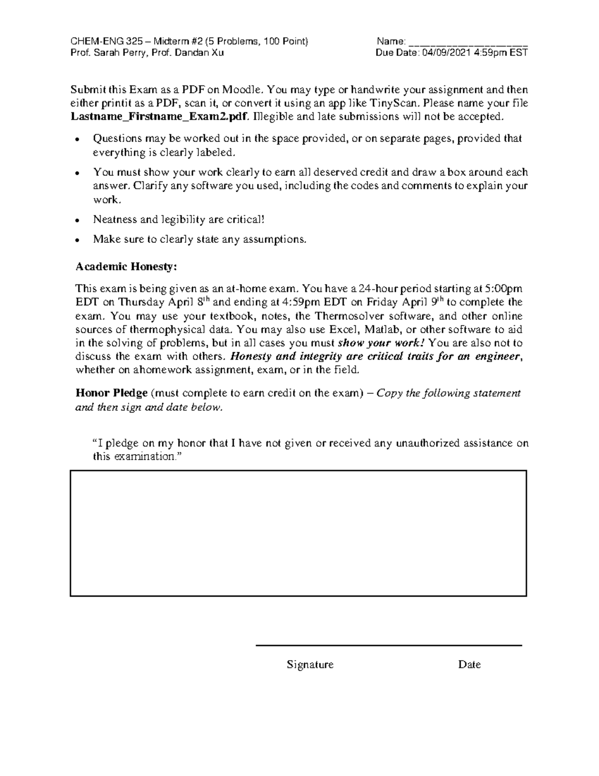 Thermo Ii Practice Midterm Exam Ii - Prof. Sarah Perry, Prof. Dandan Xu 