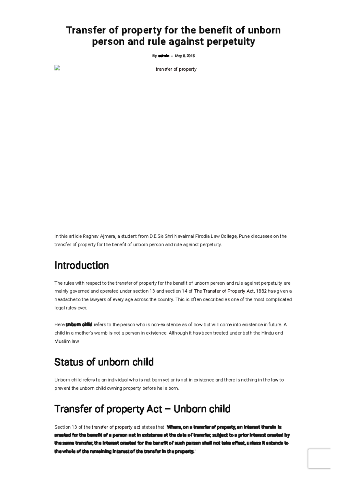 Transfer of property for the benefit of unborn person and rule against