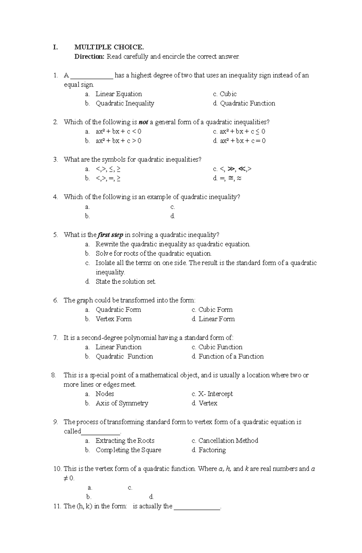 Quarterly-Exam - Good work - I. MULTIPLE CHOICE. Direction: Read ...