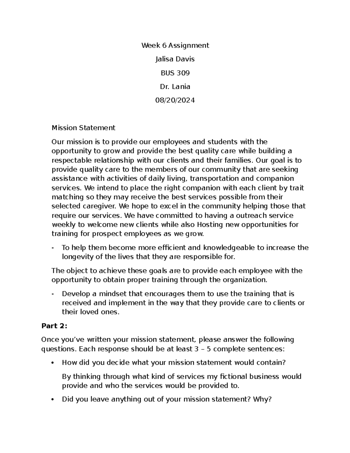 Jalisa Davis BUS309 Week6Assignmwnt - Week 6 Assignment Jalisa Davis ...