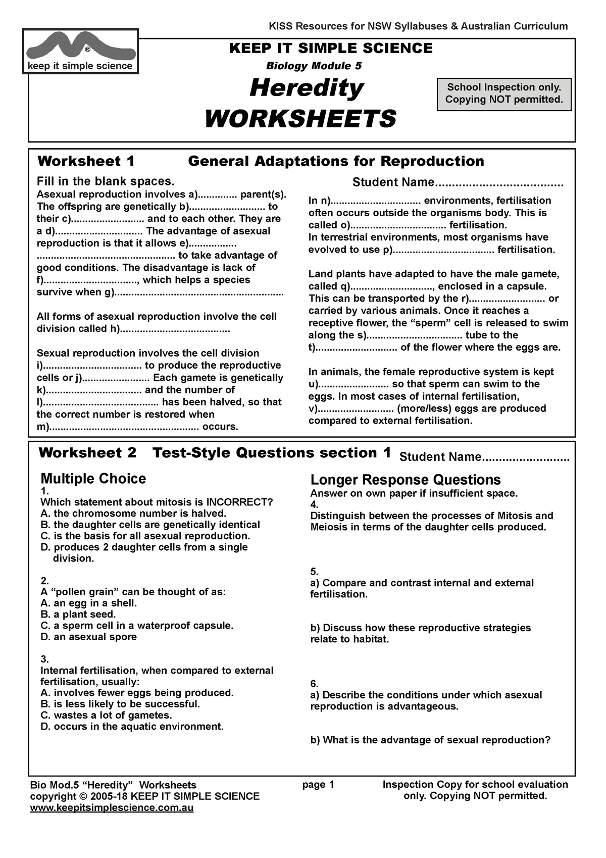 biology worksheets page 1 inspection copy for school evaluation only copying not permitted bio studocu