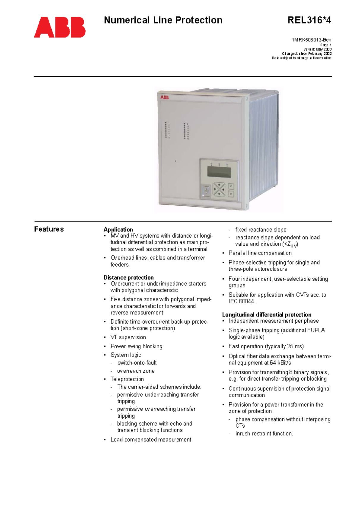 1MRK506013-BEN B en REL 316 4 Numerical Line Protection - Page 1 ...