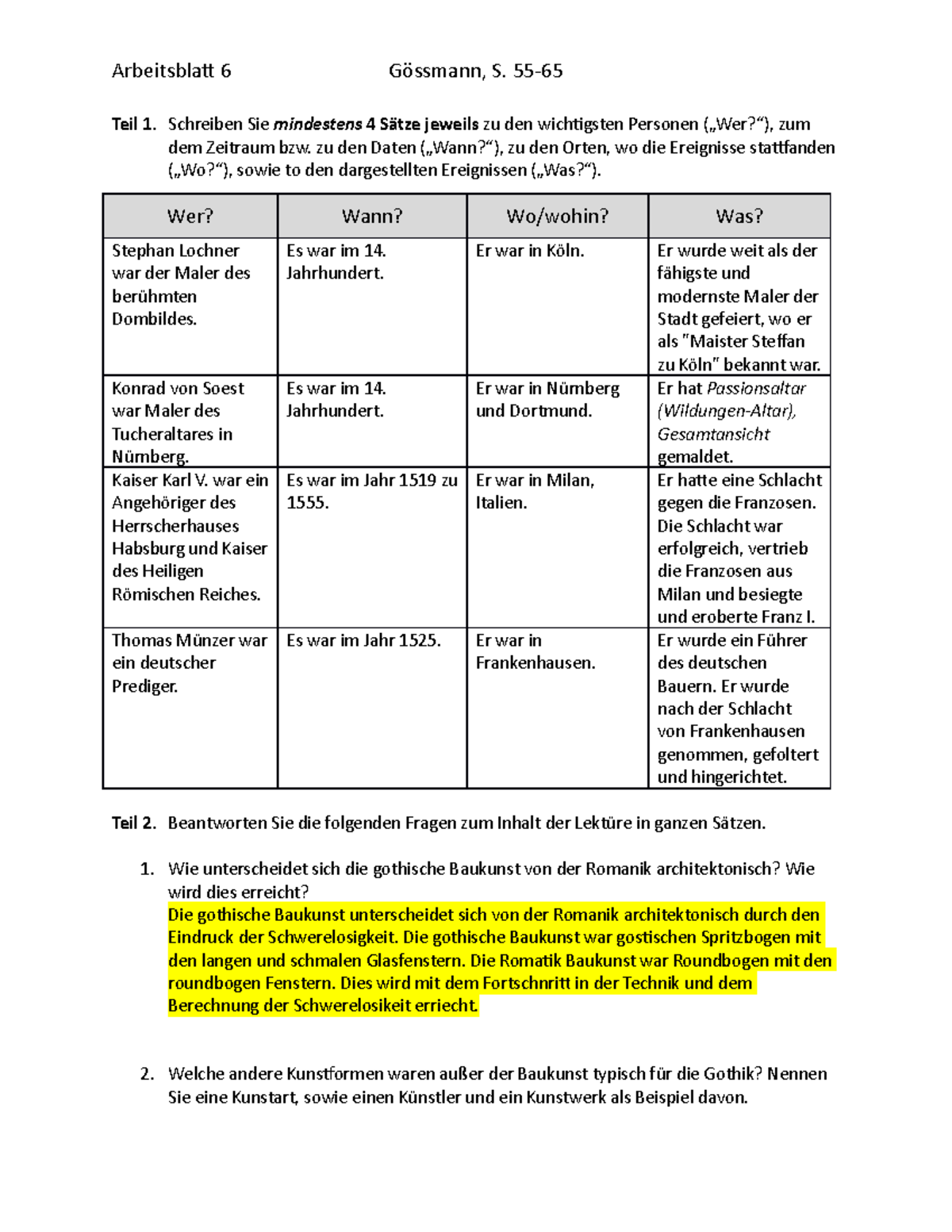 Arbeitsblatt 6 - Question And Answer For Worksheet - Teil 1. Schreiben ...