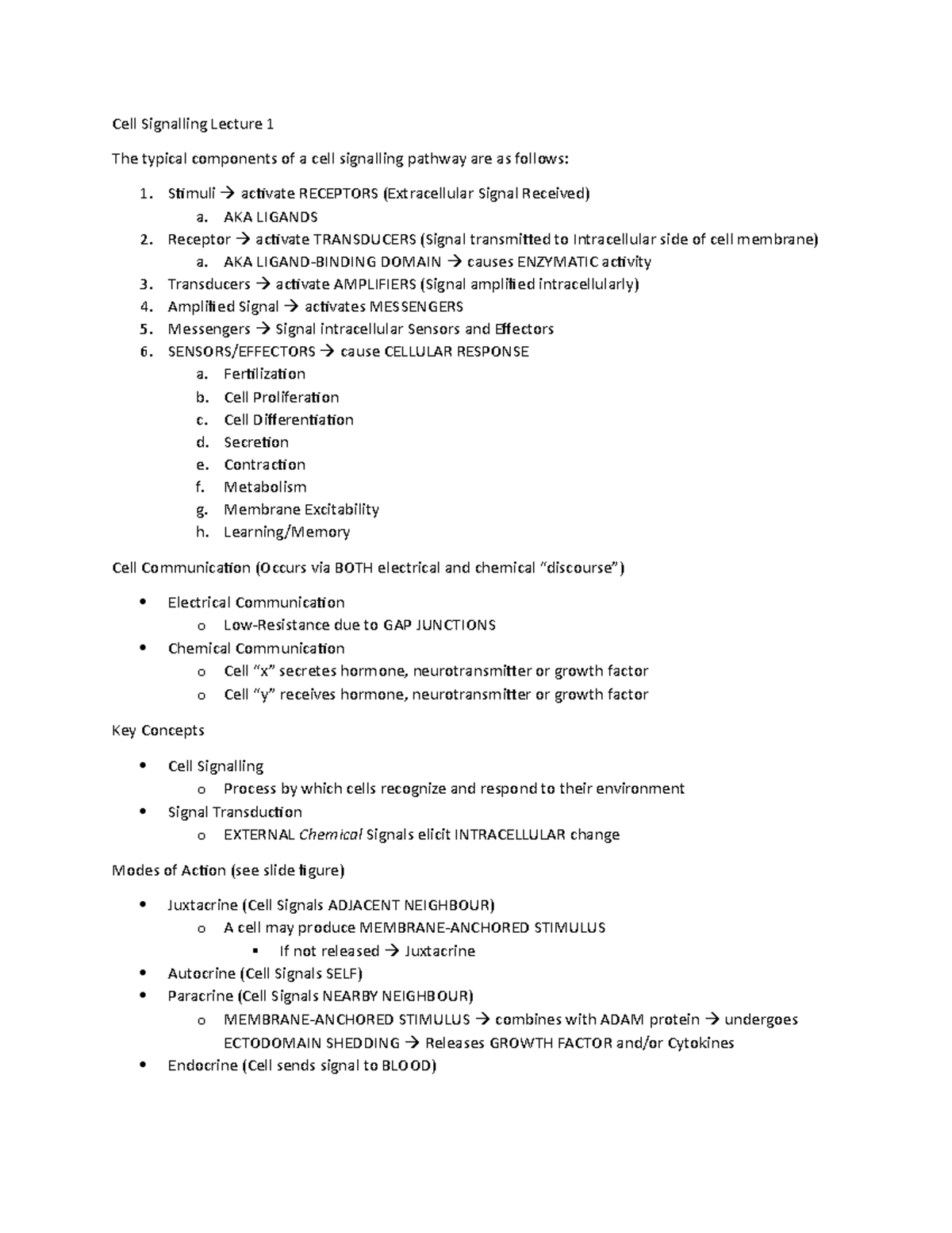 ACB 325 Lecture 1 Notes - Cell Signalling Lecture 1 The typical ...