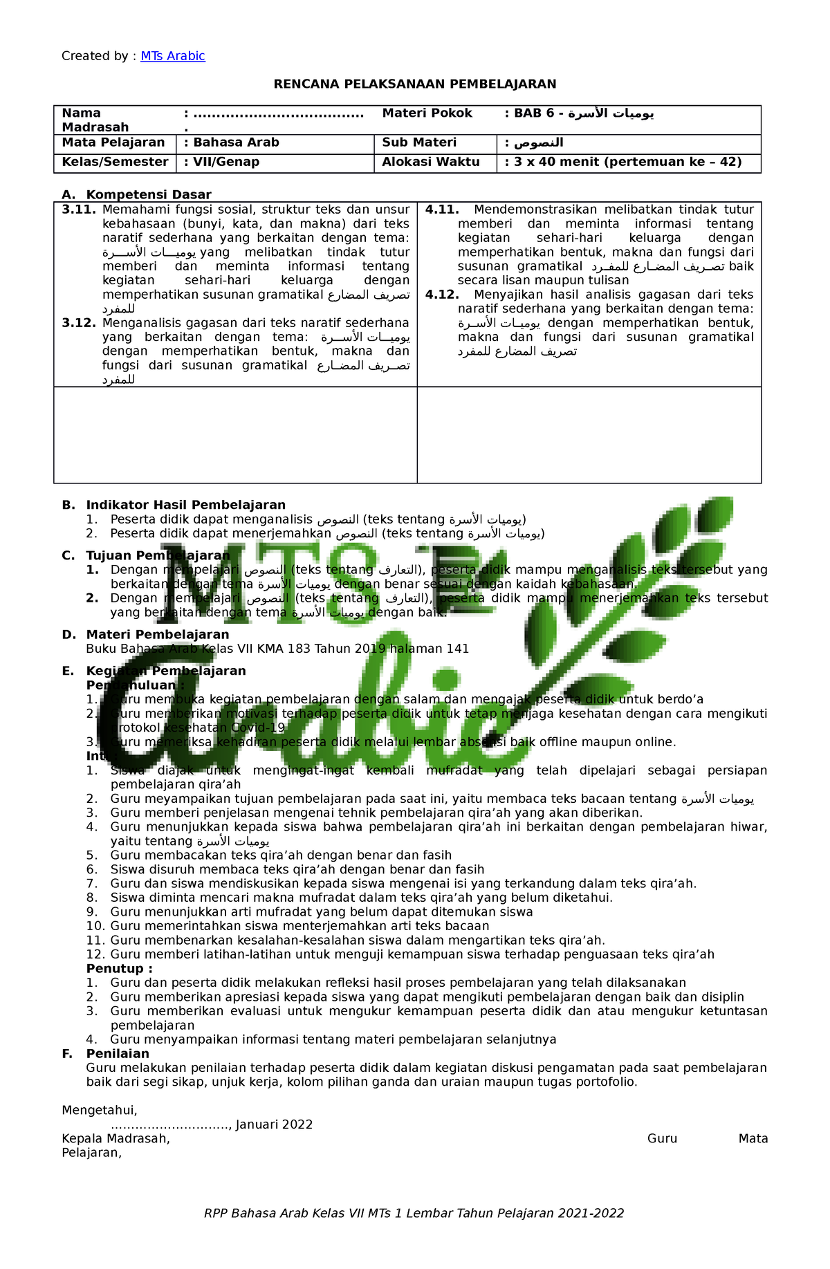 Pertemuan Ke Created By Mts Arabic Rencana Pelaksanaan Pembelajaran Nama