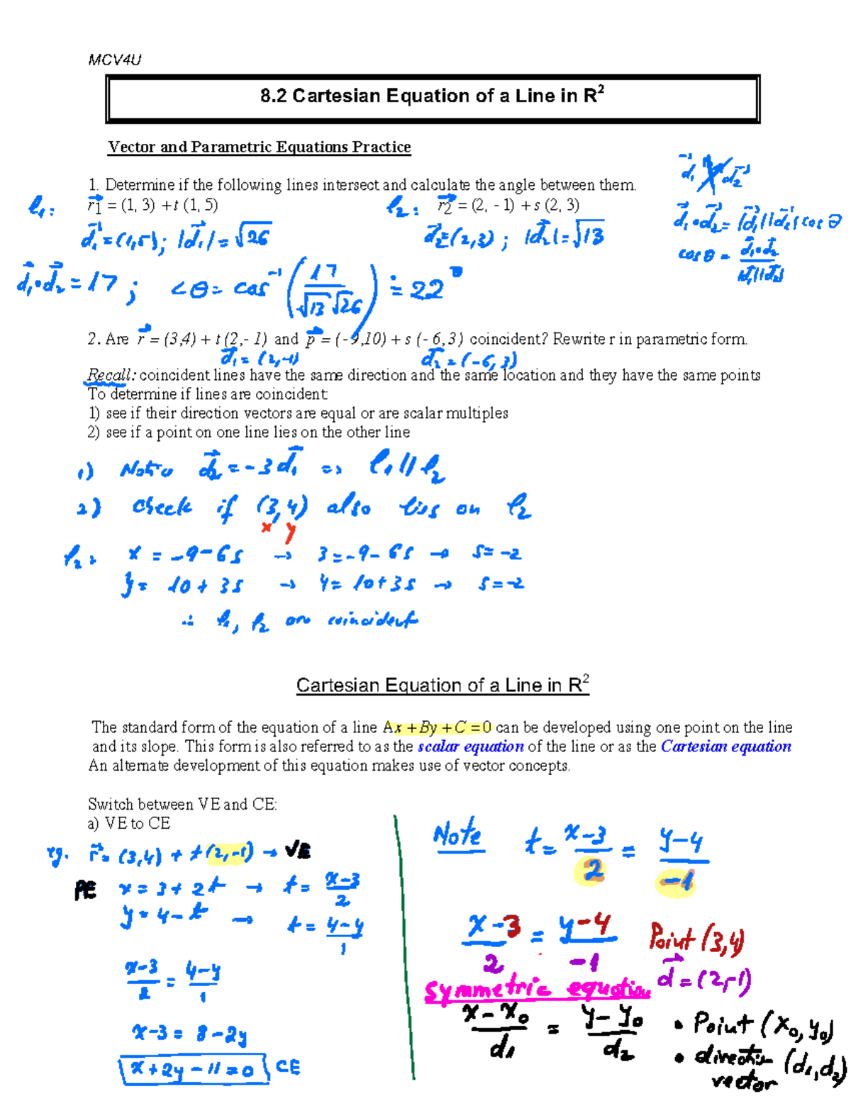 Completed Lesson Notes 8.2 Cartesian Equation of a Line in R2 - MCV4U ...
