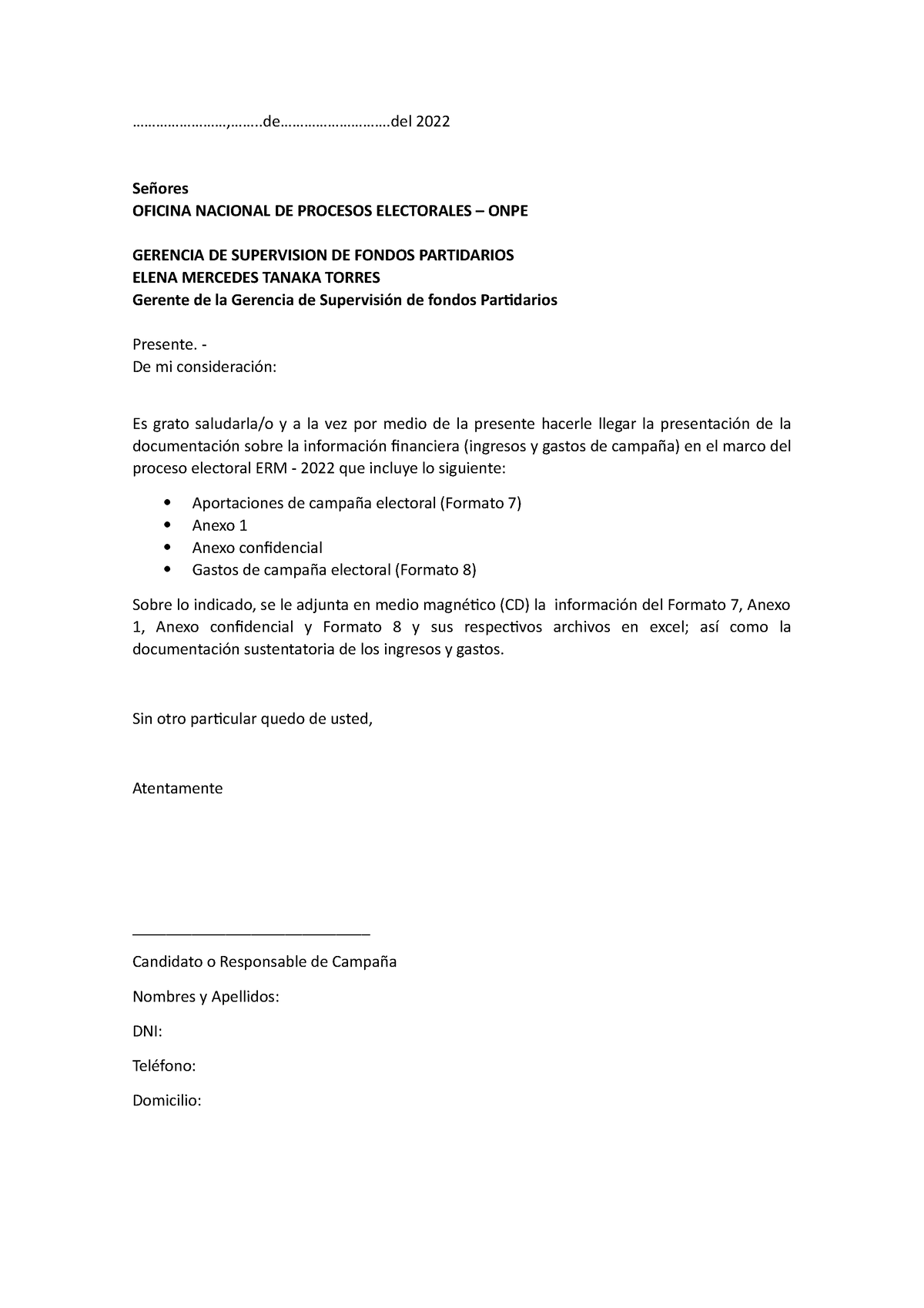 Modelo de Carta a Rendir Cuentas Candidatos ERM 2022 - - Studocu