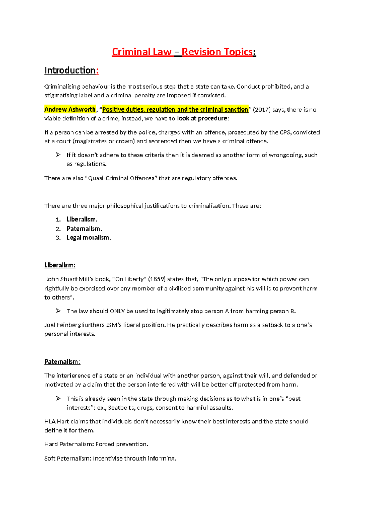 Criminal Law Notes Y2 - Criminal Law – Revision Topics: Introduction ...