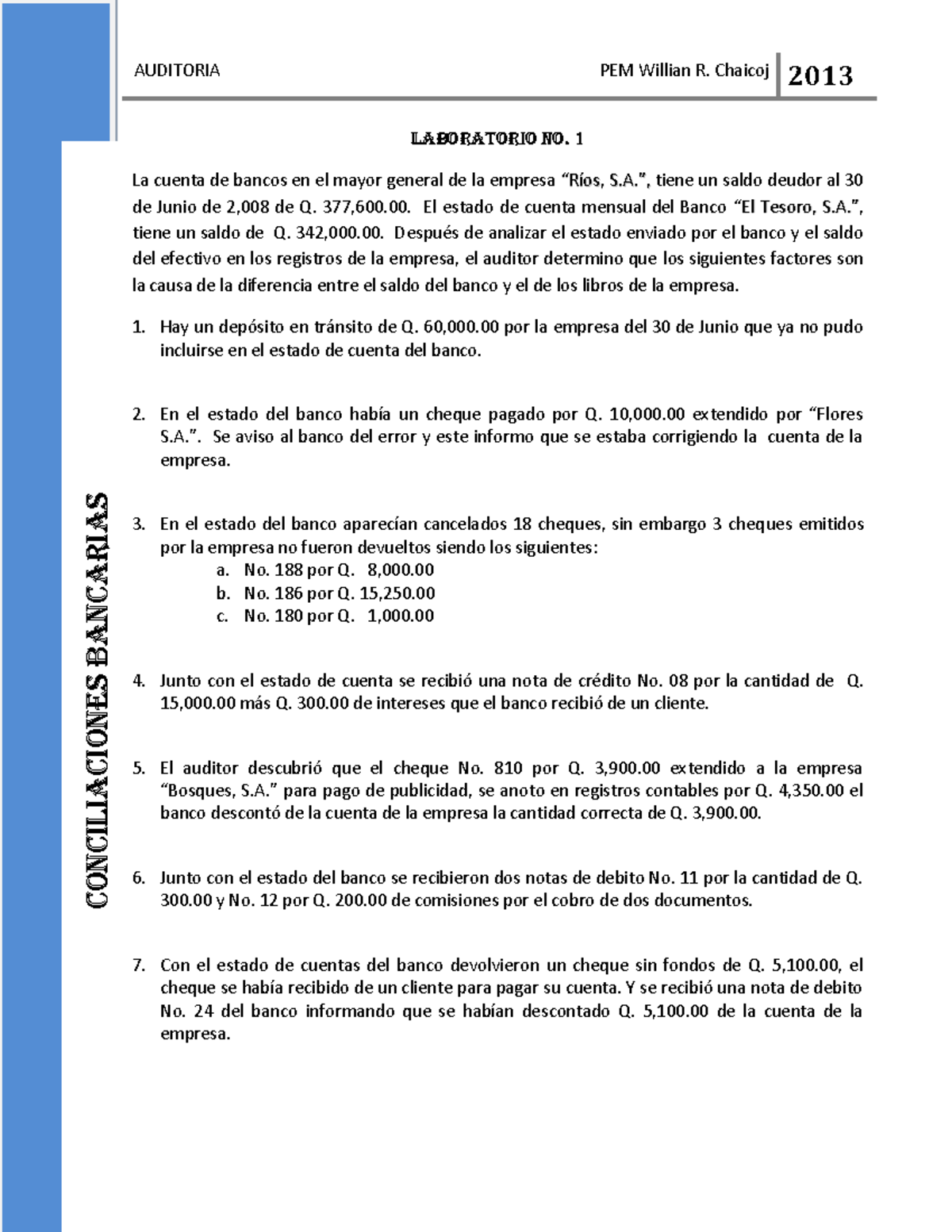 Ejercicios De Conciliaciones - Conciliaciones Bancarias LABORATORIO No ...