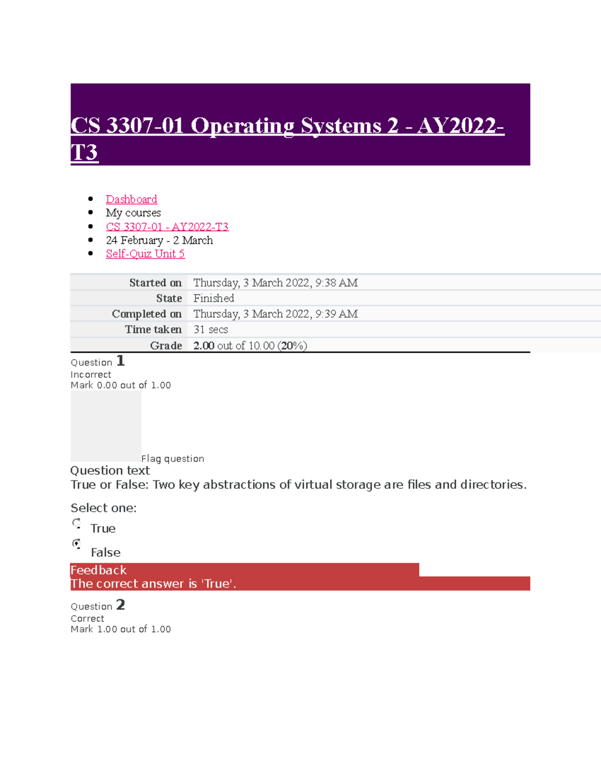 CS 3307 Self Quiz Unit 05 - CS 3307-01 Operating Systems 2 - AY2022- T ...