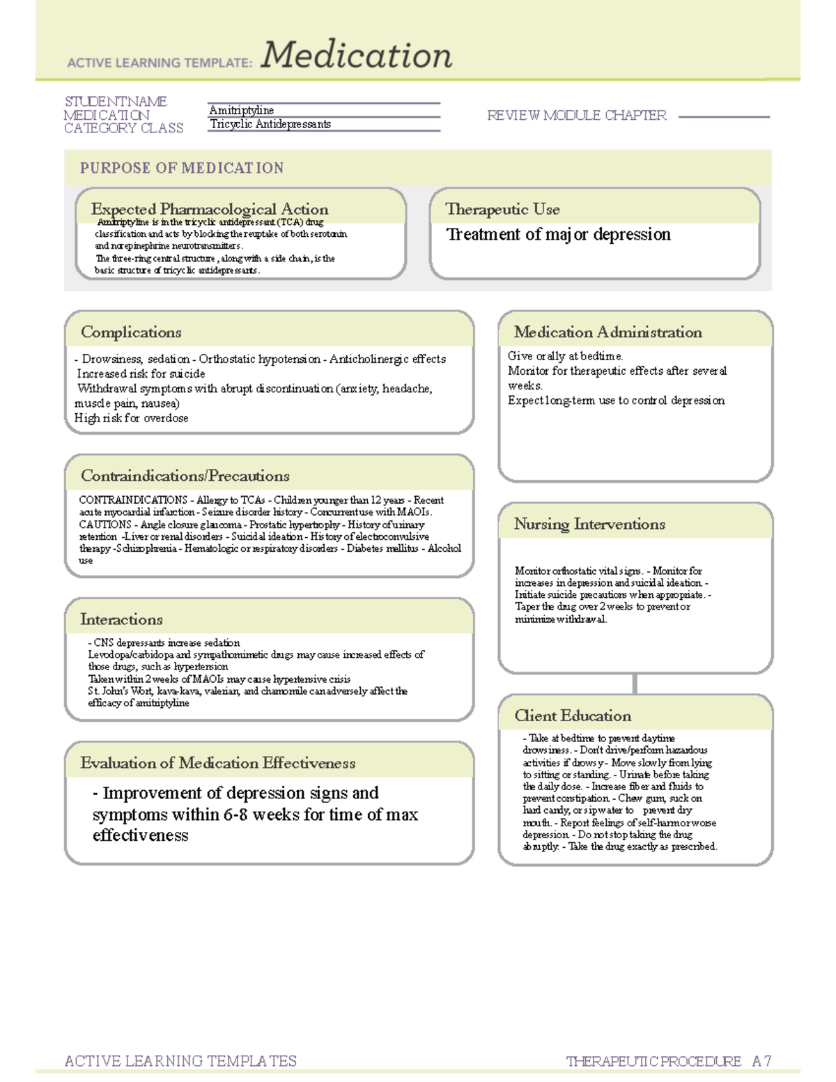 Amitriptyline ATI Template STUDENT NAME MEDICATION REVIEW MODULE 