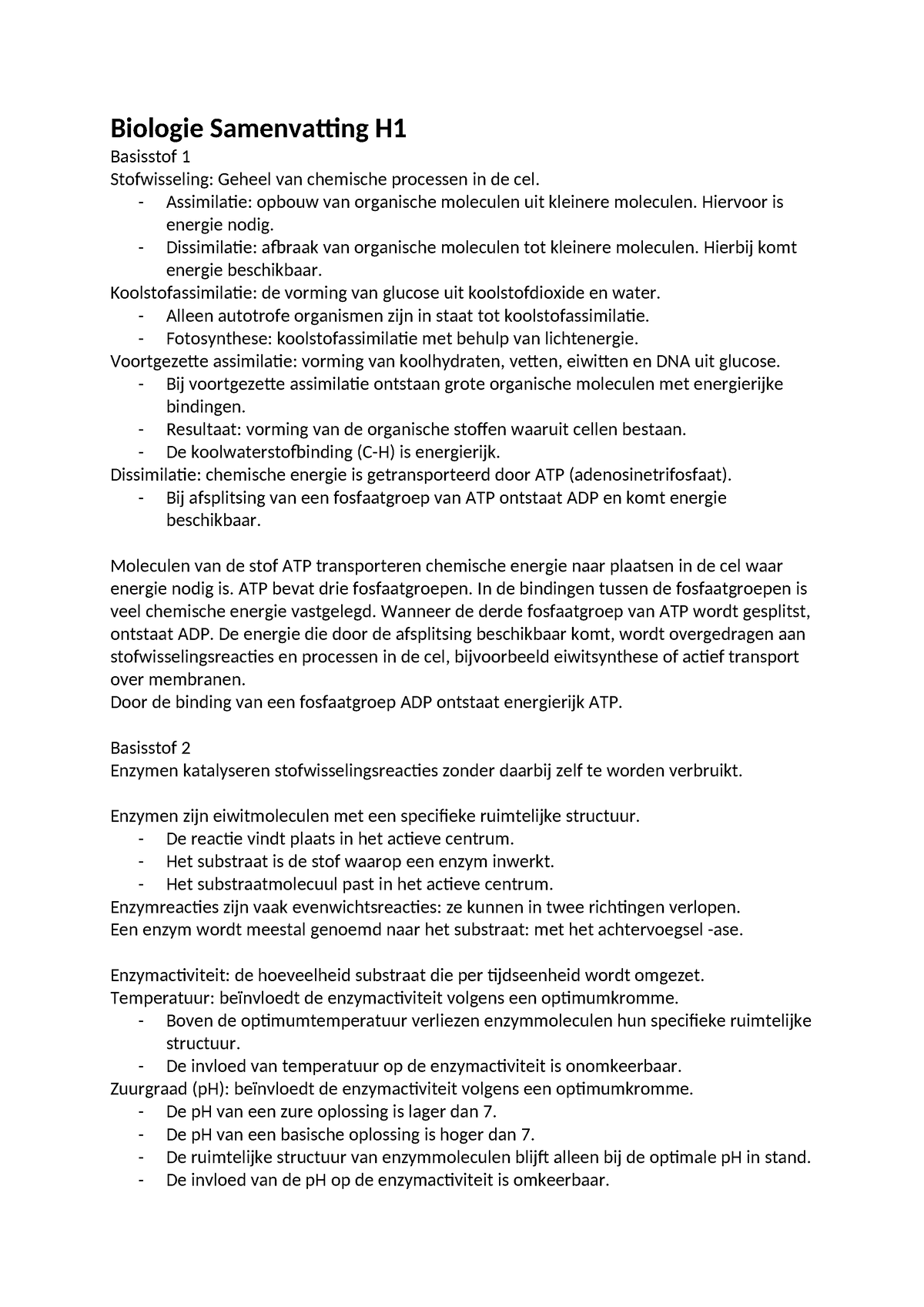 Biologie Samenvatting H1 - Biologie Samenvatting H Basisstof 1 ...