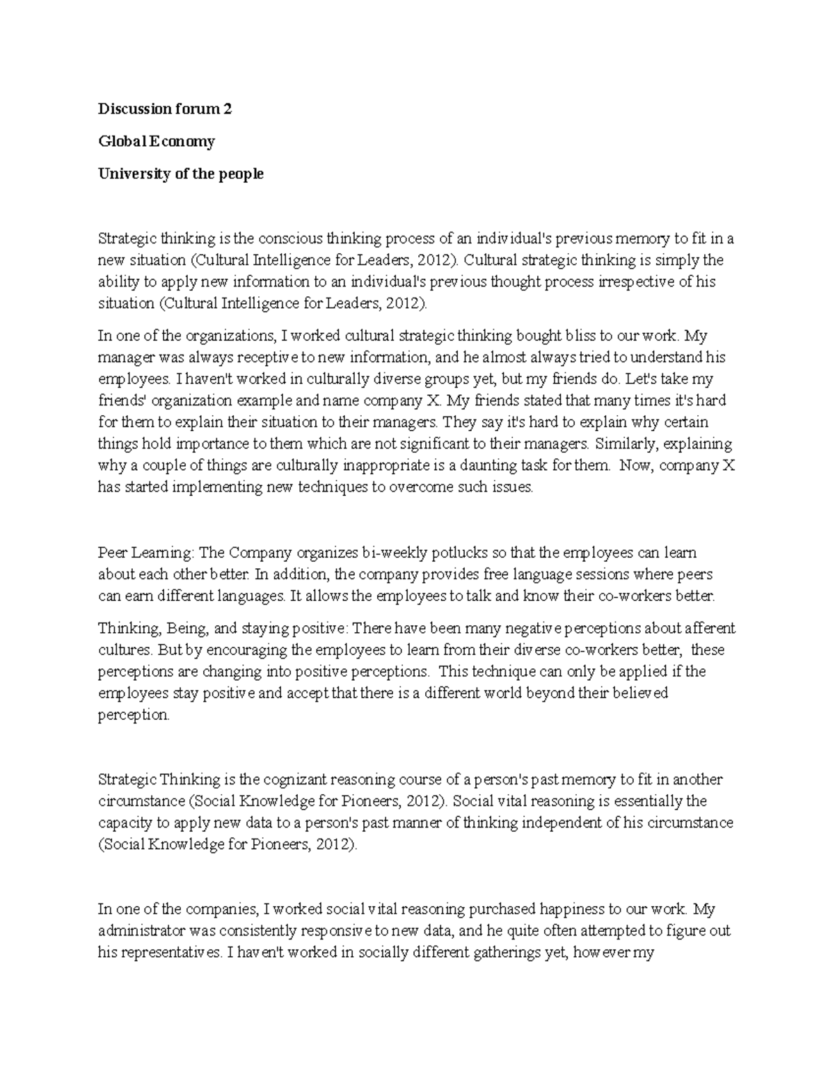 Discussion forum 2 - assignement - Discussion forum 2 Global Economy ...