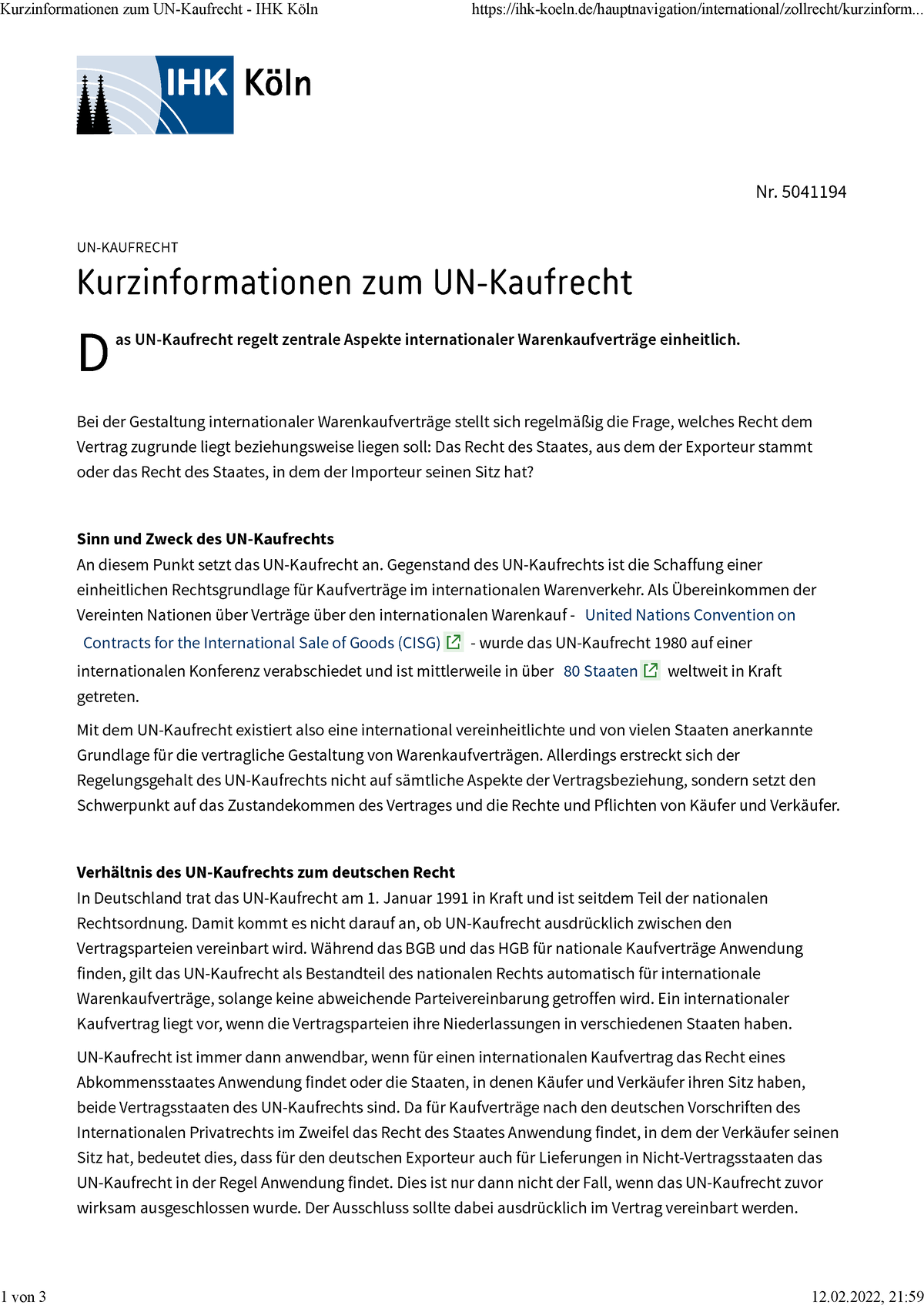 Kurzinformationen Zum UN-Kaufrecht - IHK Köln - D Nr. 5041194 UN ...