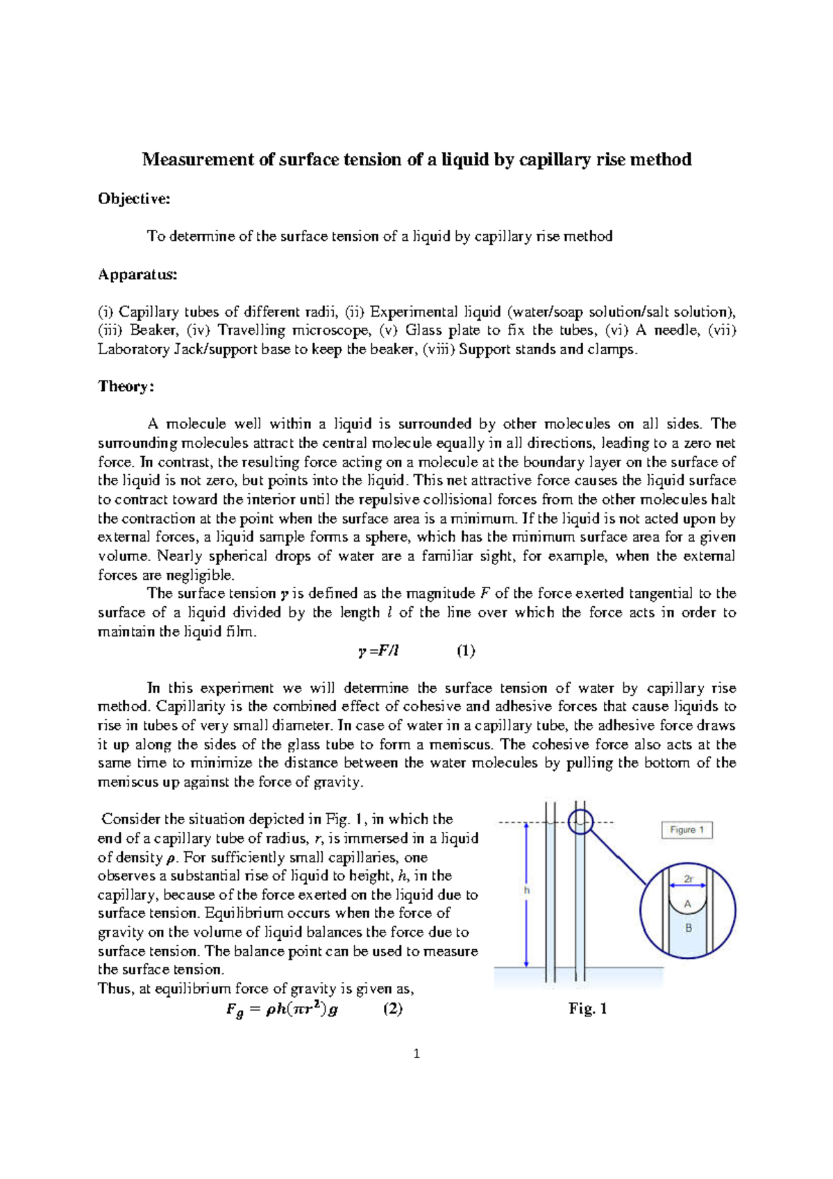 Surface tension by capillary rise method 2018 Measurement of surface