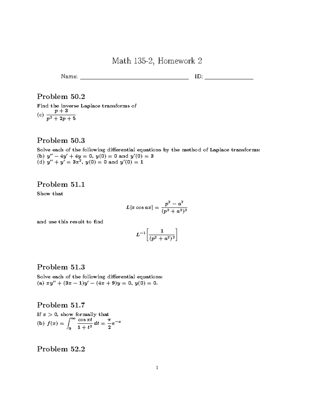 Homework 2 Practice Math 135 2 Homework 2 Name Id Problem 50 Find The Inverse Laplace