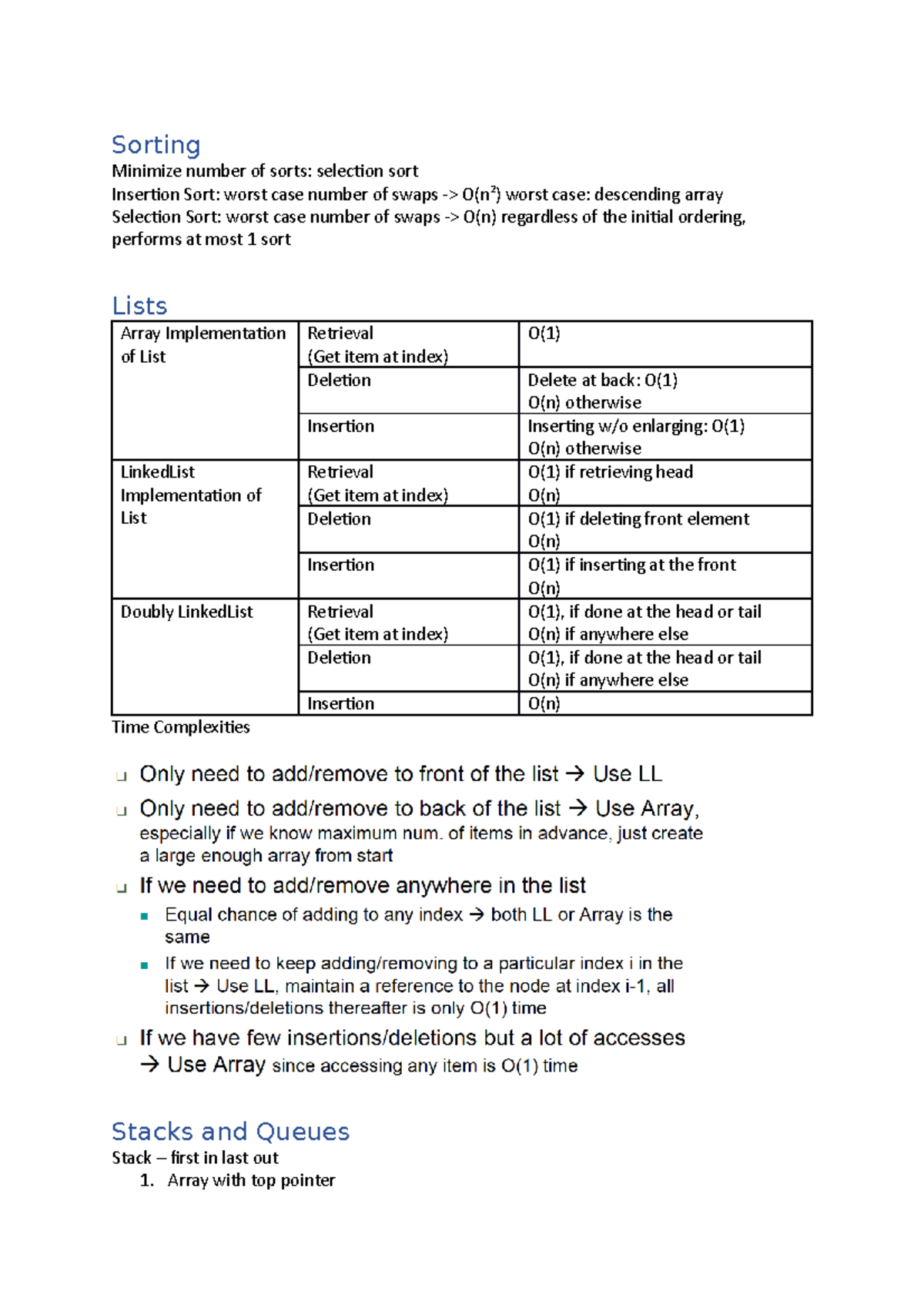 Midterm Summary - Lecture notes 1-8 - Sorting Minimize number of sorts ...