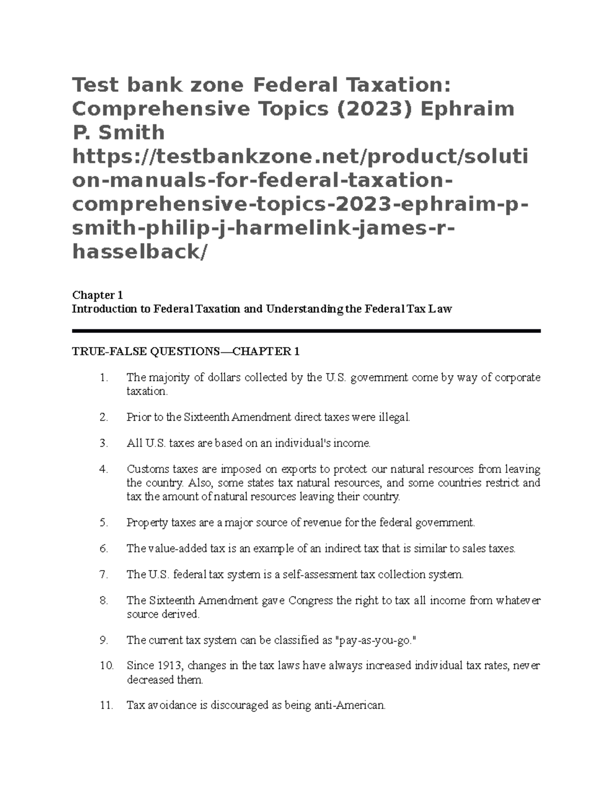 Test Bank Zone Federal Taxation Comprehensive Topics 2023 - Smith ...