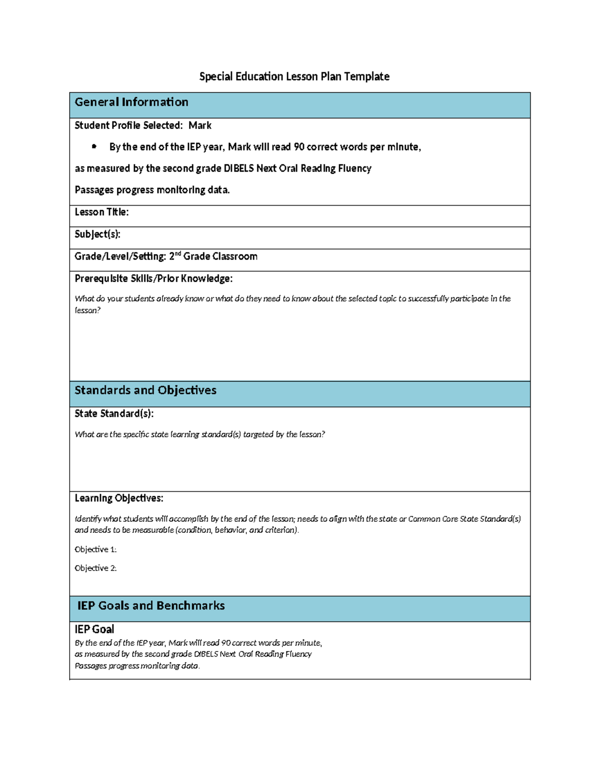 Mark Lesson Plan - passed - Special Education Lesson Plan Template ...