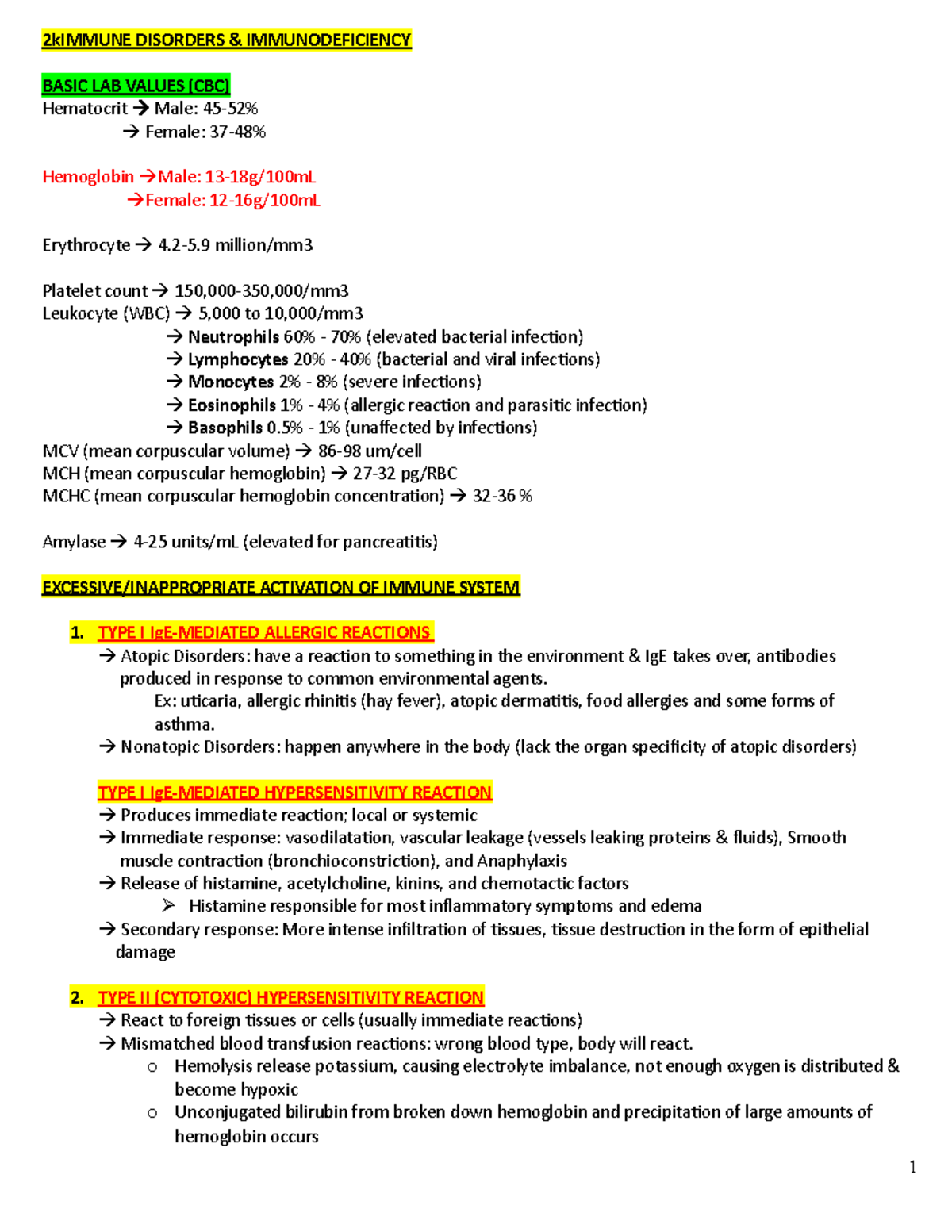 Patho Exam 2 (Repaired) 2 2kIMMUNE DISORDERS &amp; IMMUNODEFICIENCY BASIC LAB VALUES (CBC