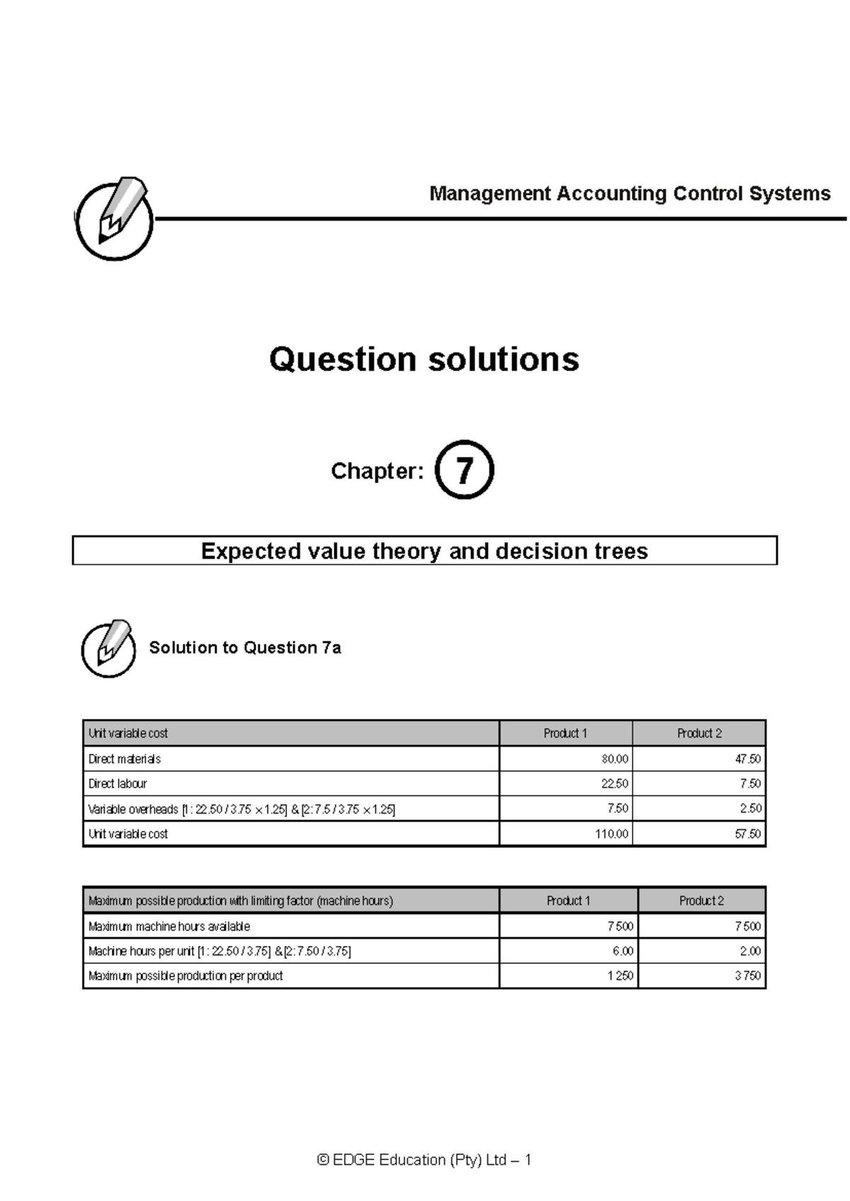 Management Control solutions 7 - Question solutions Chapter: Expected ...