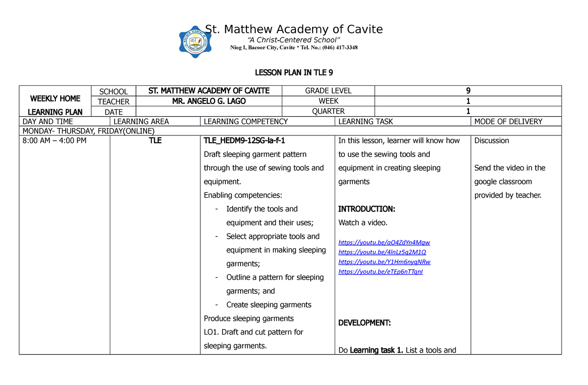 TLE LP Final 1 - curriculum map - St. Matthew Academy of Cavite “A ...