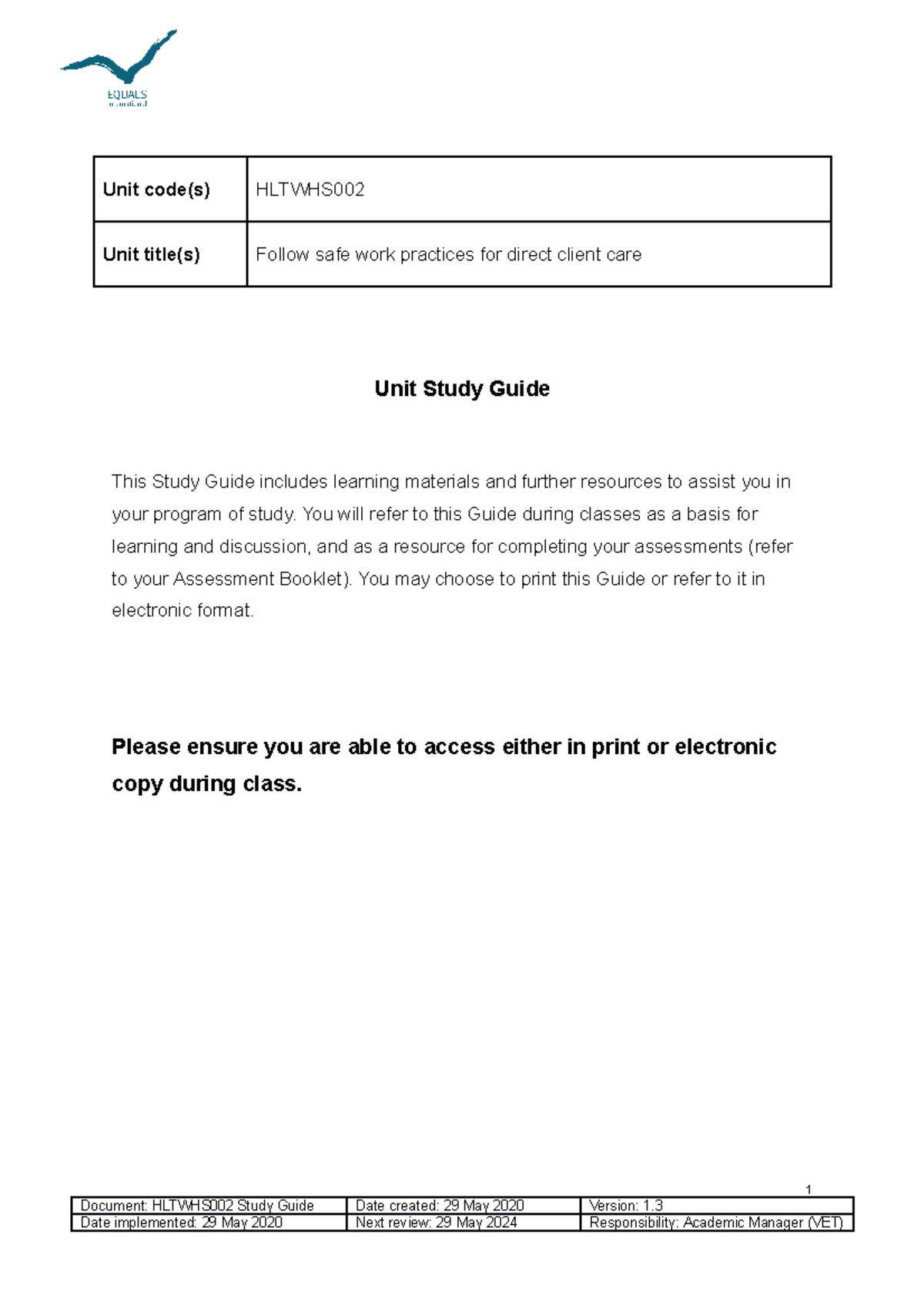 Hltwhs 002 Follow Safe work practices for direct client care study