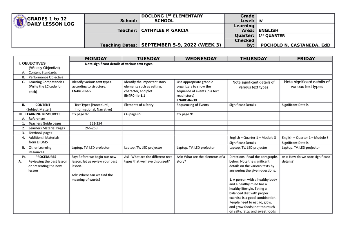 DLL_English 4 Q1 Week 3 - GRADES 1 To 12 DAILY LESSON LOG School ...