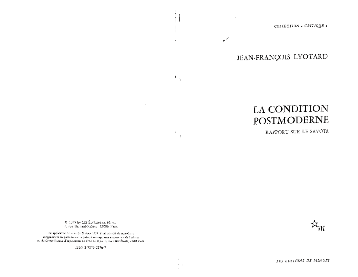 Lyotard La condition postmoderne copie 2 SOL1017 UdeM Studocu