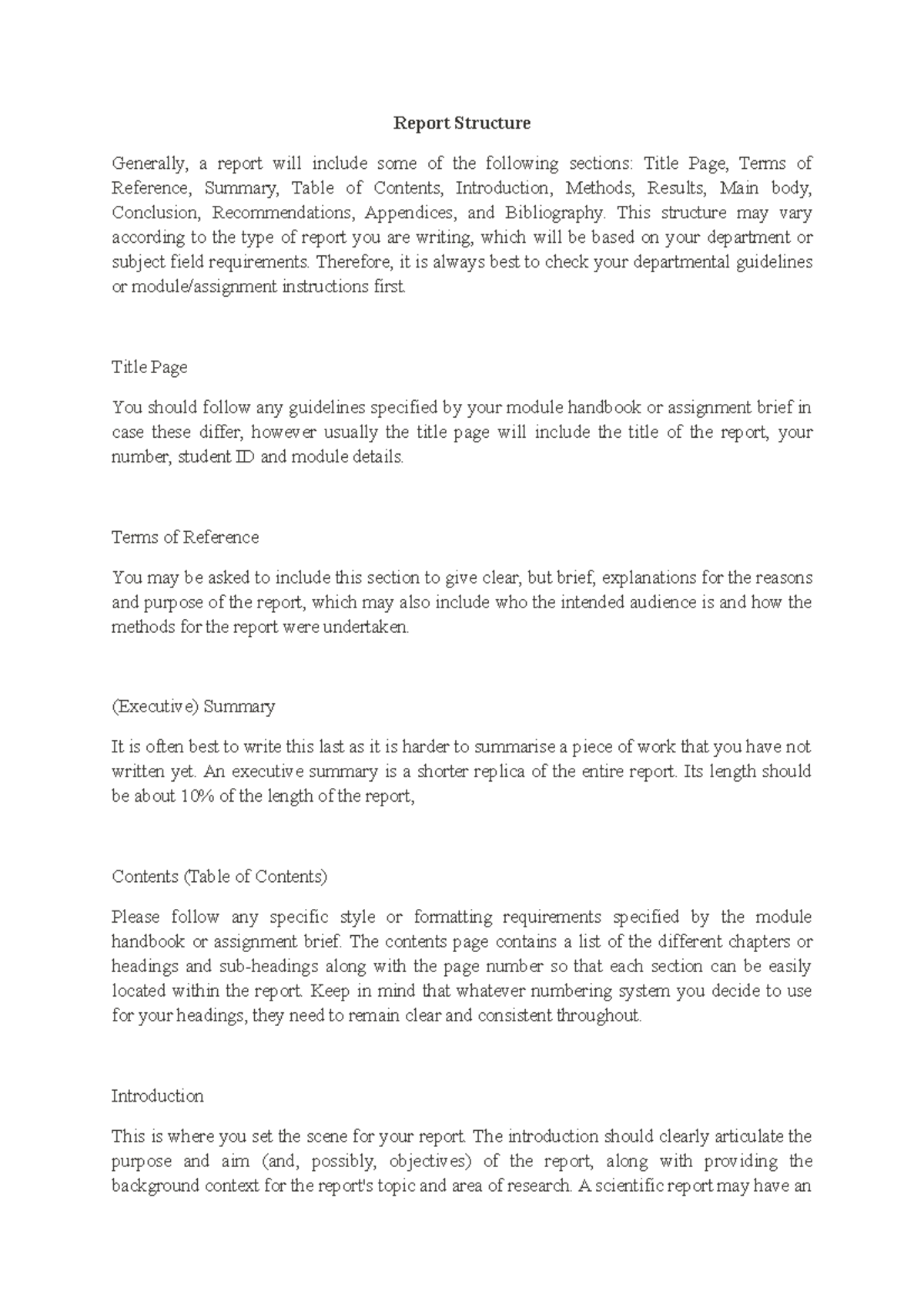 Report Structure - practice - Report Structure Generally, a report will ...