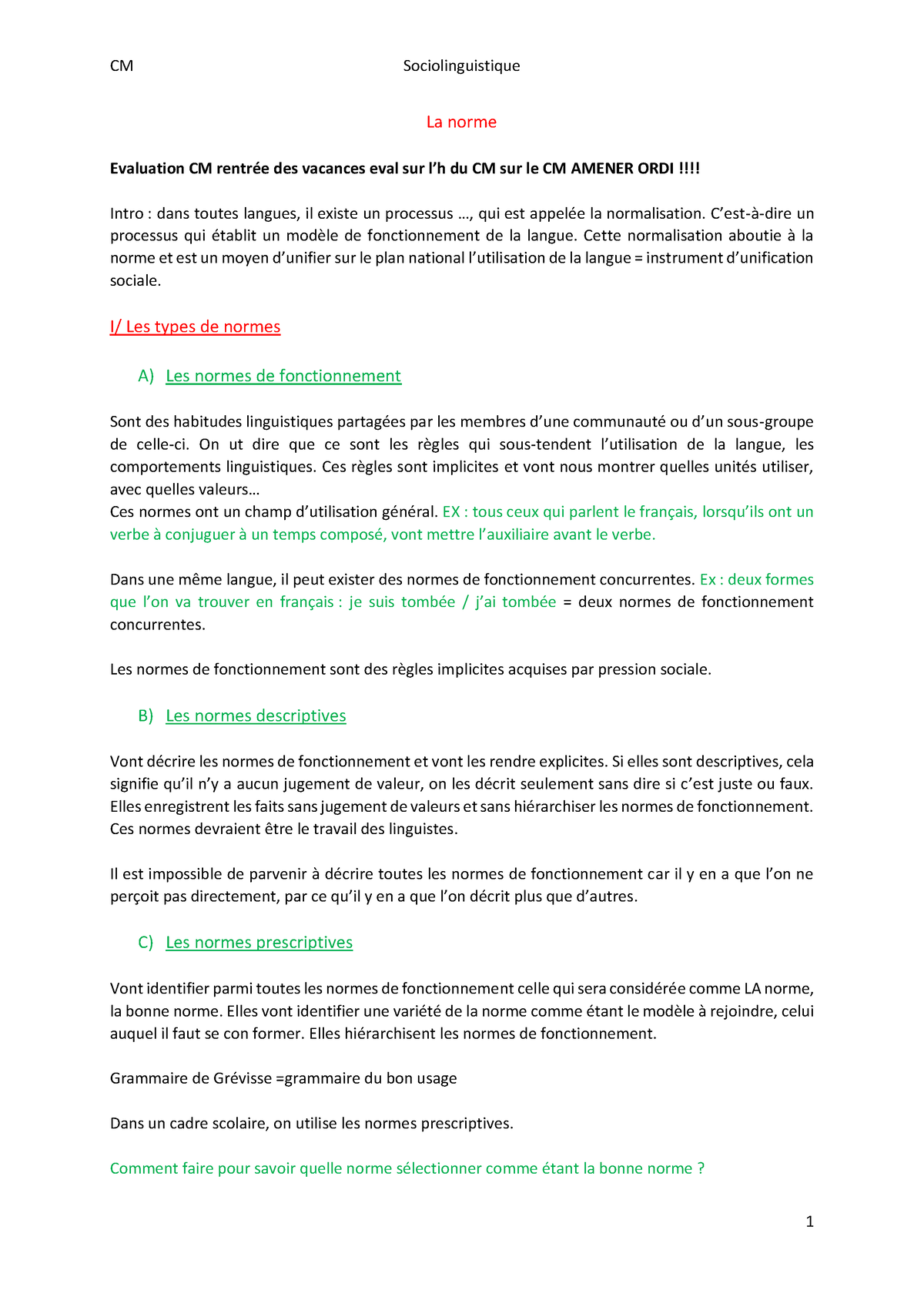 Socilinguistique 2 - cours - CM Sociolinguistique 1 La norme Evaluation ...