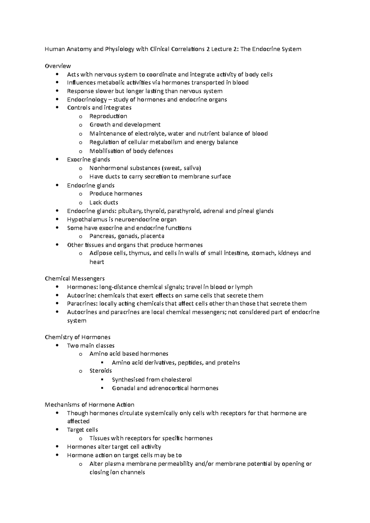 Lecture 2 Notes - The Endocrine System A - Human Anatomy and Physiology ...