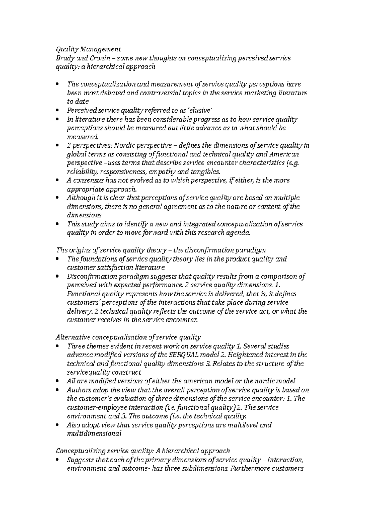 4. brady and cronin - Summary of reading - Quality Management Brady and ...