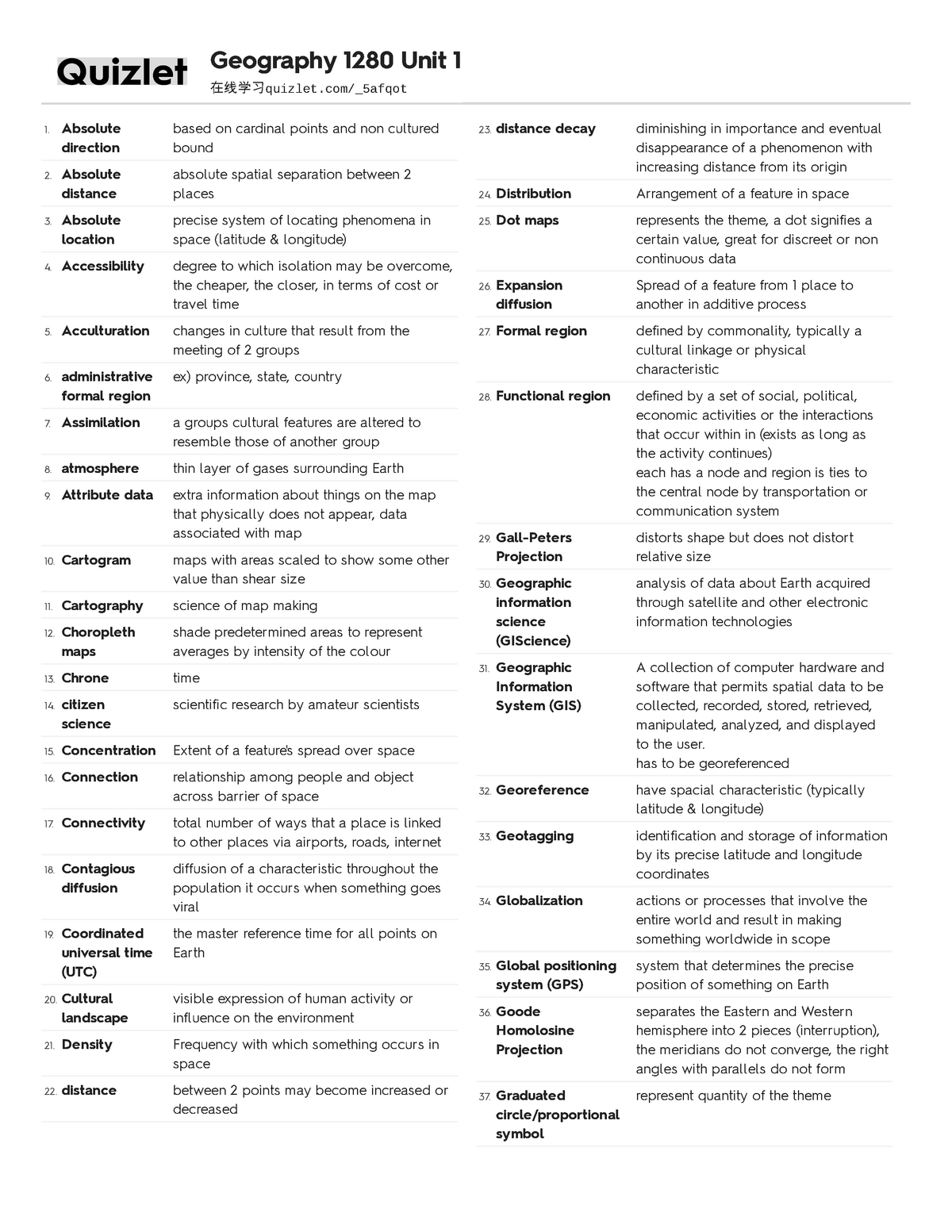 Geopgrahpy U1 terminology-quizlet - Geography 1280 Unit 1 在线学习quizlet ...