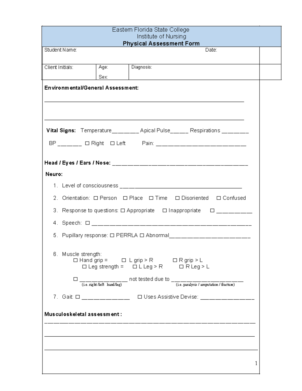 Physical Assessment FORM - Environmental/General Assessment: - Studocu