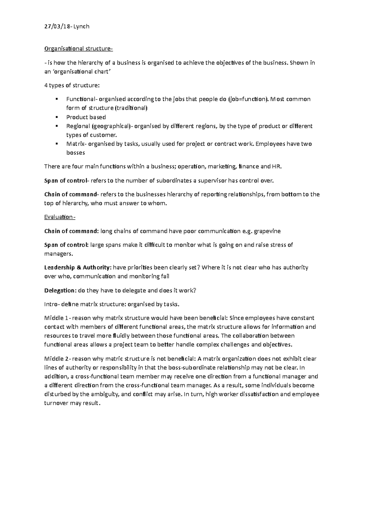 Organisational structure - 27/03/18- Lynch Organisational structure- is ...