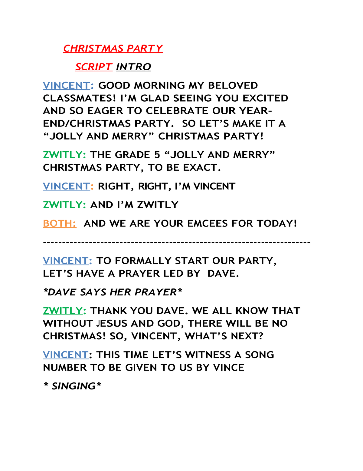 Emcee Christmas Party Script CHRISTMAS PARTY SCRIPT INTRO VINCENT 