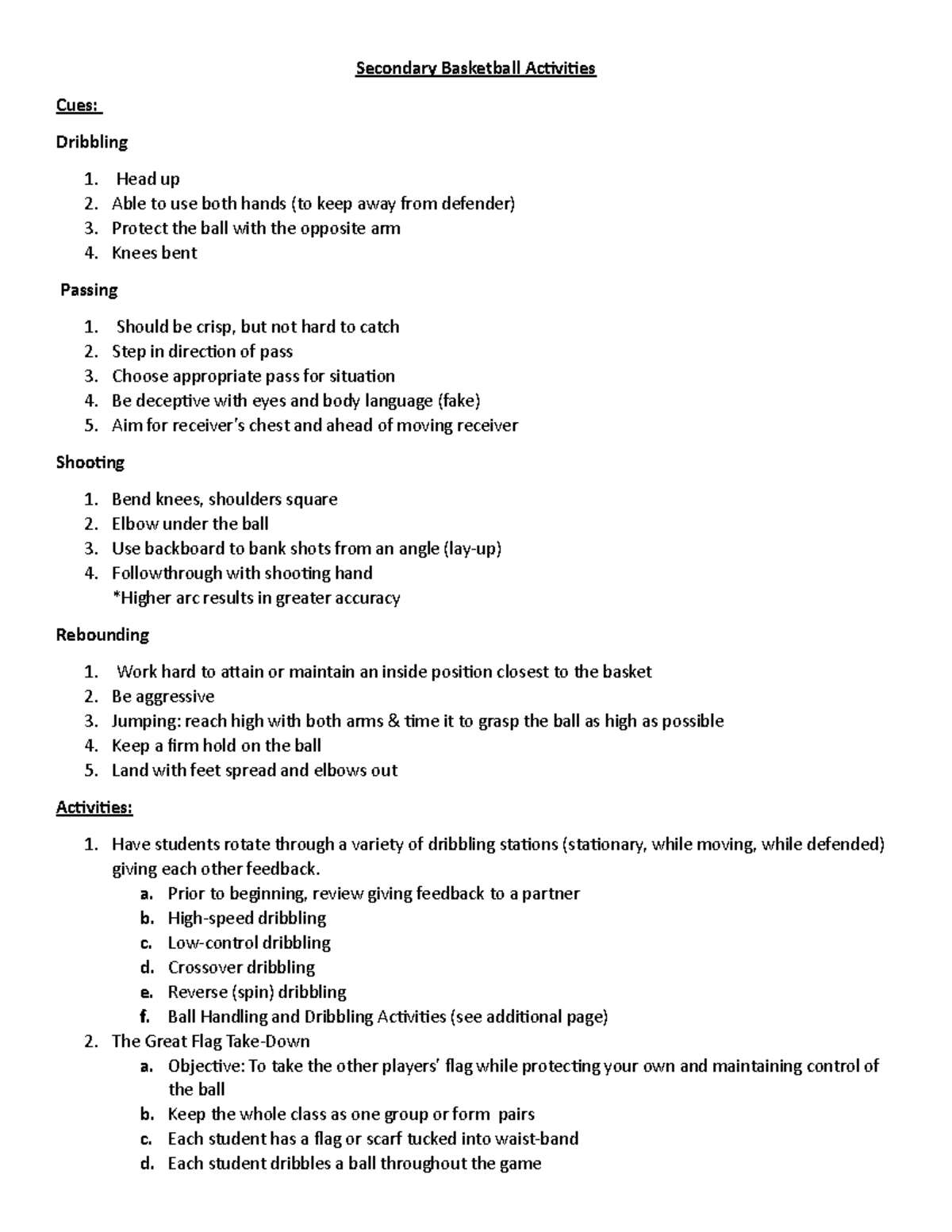 Secondary Basketball Activities Cues - Studocu