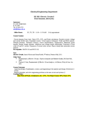 Ee 202 141 Syllabus Syllabus Electric Circuit 1 Ee 202 Kfupm Studocu