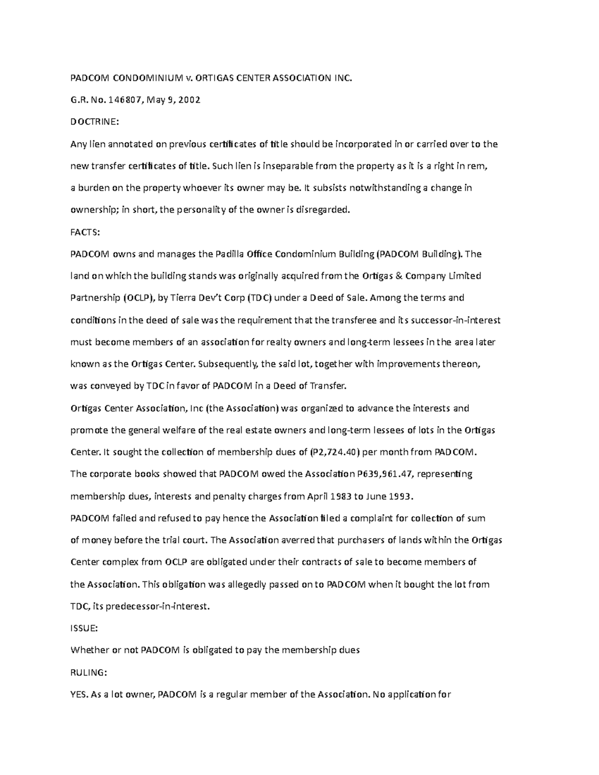 Padcom Condominium v. Ortigas Center Association INC - PADCOM ...