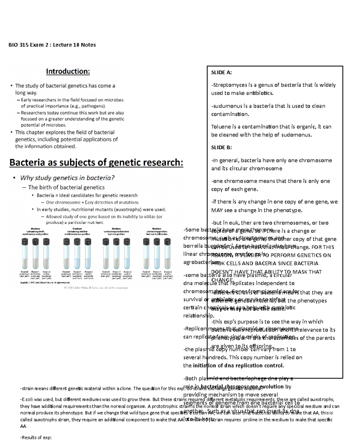 BIO 315 Exam 2 - Lecture 10 - BIO 315 Exam 2 : Lecture 10 Notes SLIDE A ...